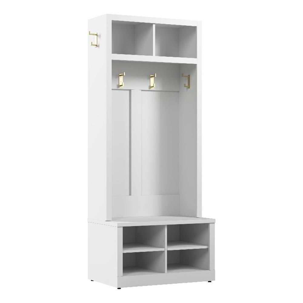 Hampton Heights 30W Hall Tree and Shoe Bench in White - Engineered Wood