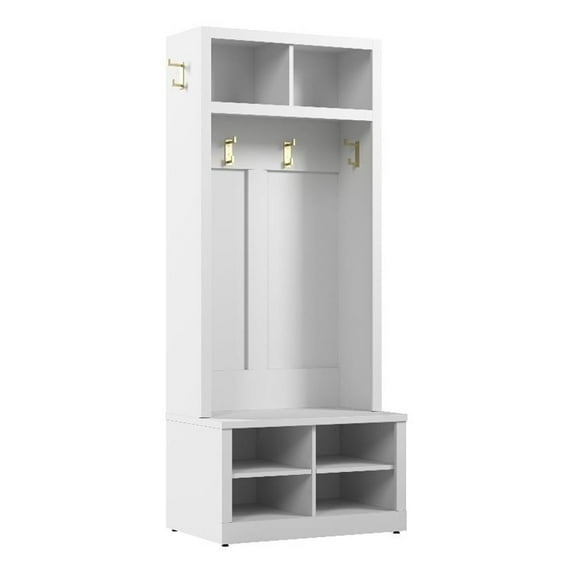 Hampton Heights 30W Hall Tree and Shoe Bench in White - Engineered Wood