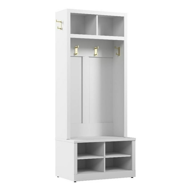 Hampton Heights 30W Hall Tree and Shoe Bench in White - Engineered Wood