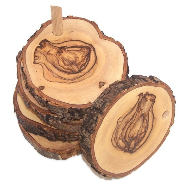 Hand Carved Olive Wood Natural Coaster Set of 5 plus base - Connected (about 3.5 Inches each) - Asfour Outlet Trademark