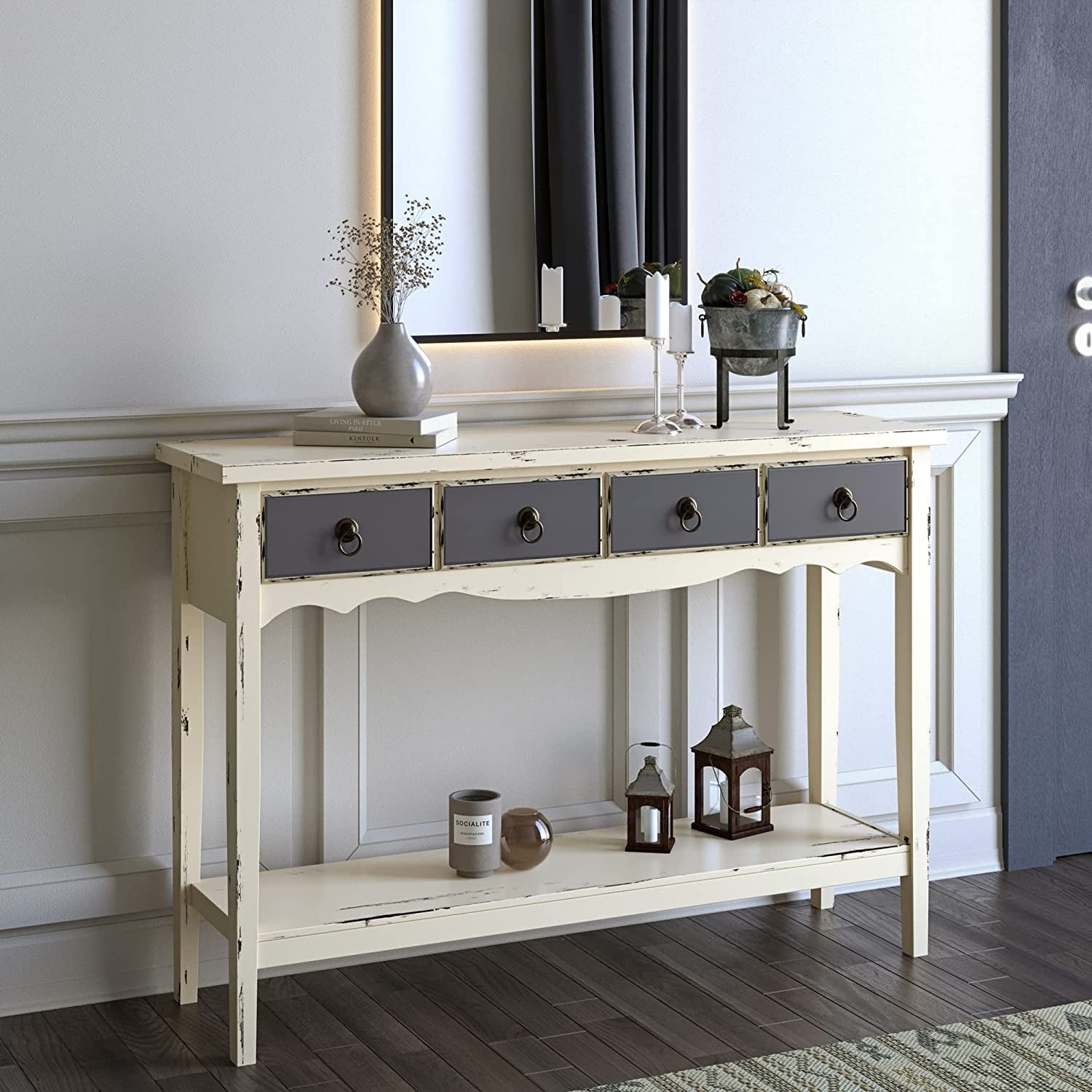 BELLEZE Sofa Table or Entertainment Console in Antique White