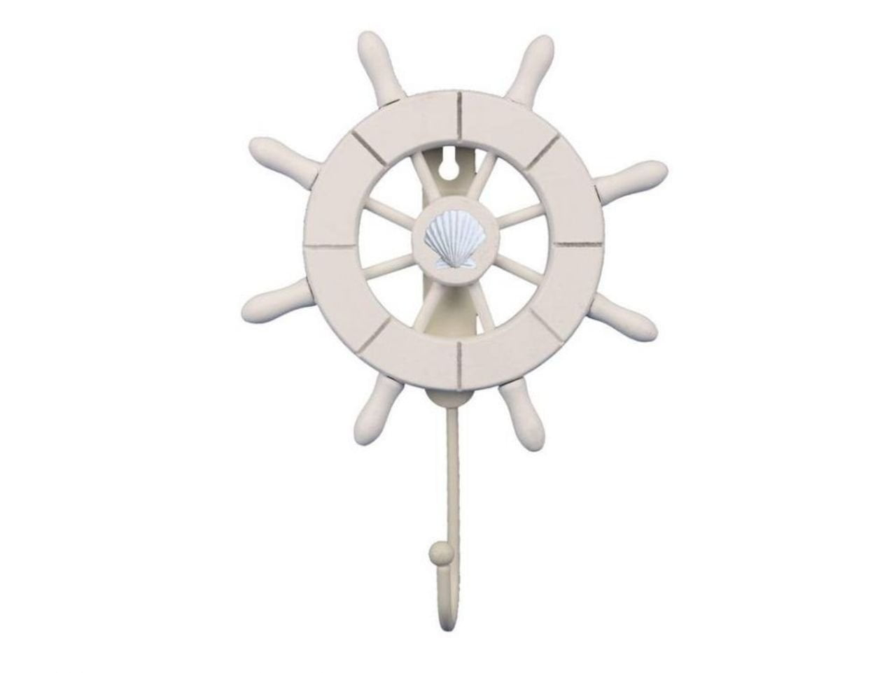 Handcrafted Nautical Decor White Decorative Ship Wheel with Seashell with Hook 6" - Wooden Ships Wheel - B