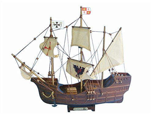 Handcrafted Nautical Decor Santa Maria with Embroidery 14" - Wooden Model Tall Ship - Christopher Columbus