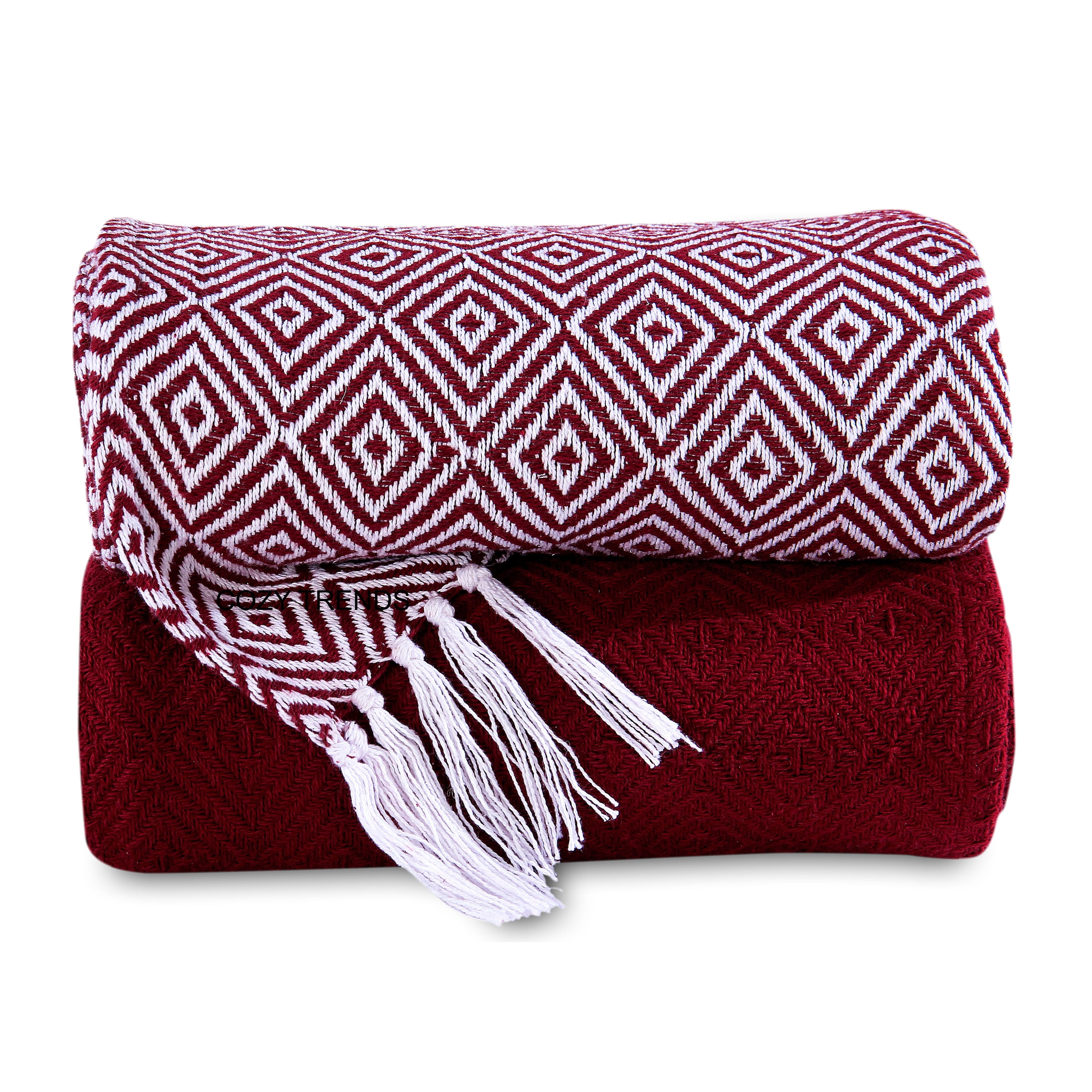 Handwoven Luxurious Cotton Sofa Couch Bed Throw Blankets All Season - Set of 2 (50''x60'') Diamond Burgundy