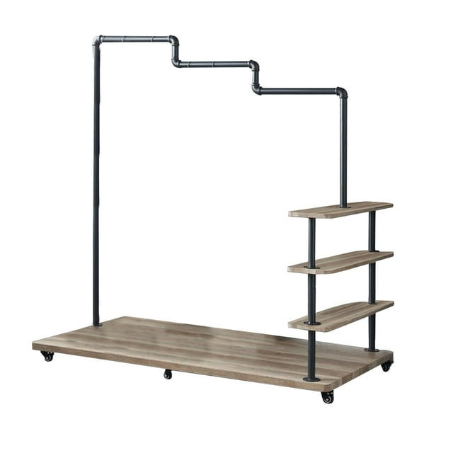 Benjara Hanger Rack with Pipe Design Tubular Frame and Casters, Brown