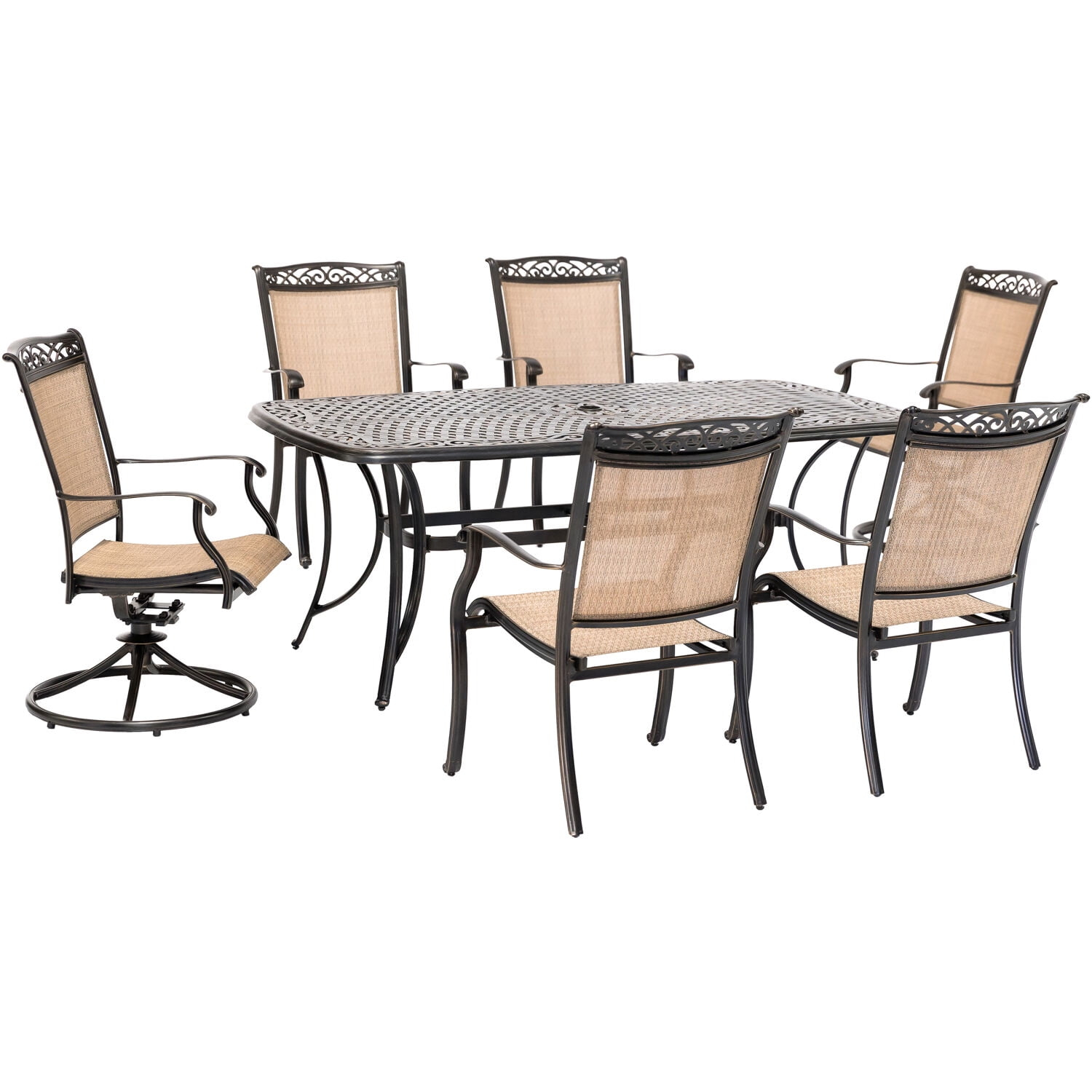 Hanover Fontana 7-Piece Outdoor Dining Set with 2 Sling Swivel Rockers, 4 Sling Chairs, and a 38-In. x 72-In. Cast-Top Table
