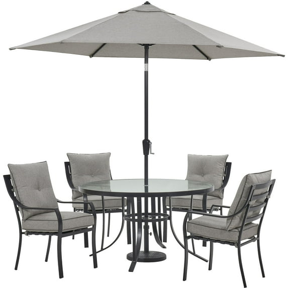 Hanover Lavallette 5-Piece Modern Outdoor Dining Set with Umbrella, Silver