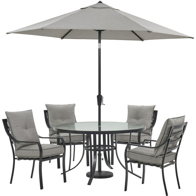 Hanover Lavallette 5-Piece Modern Outdoor Dining Set with Umbrella, Silver