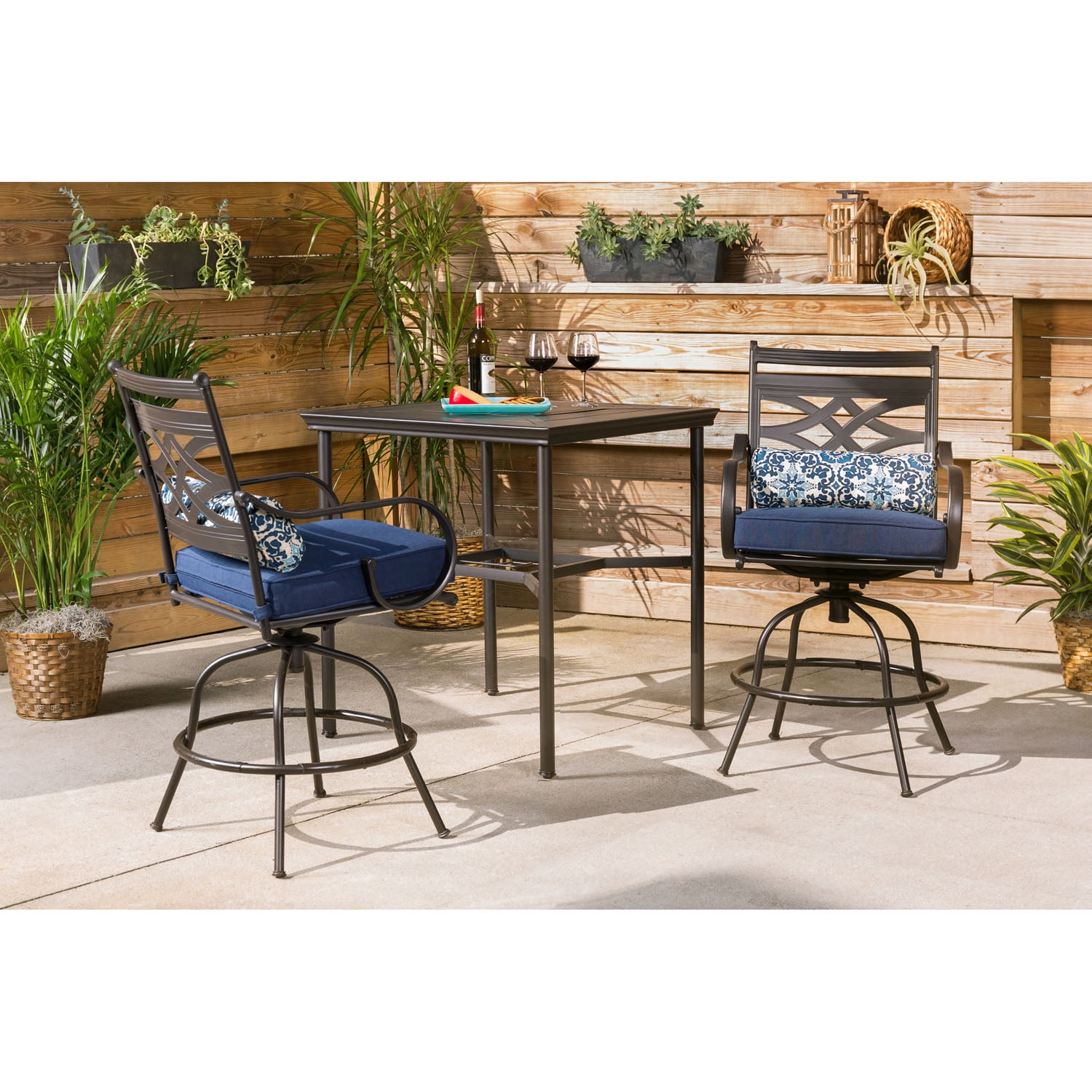 Hanover Montclair 3 Pcs Steel Outdoor High-Dining Set, Navy Blue