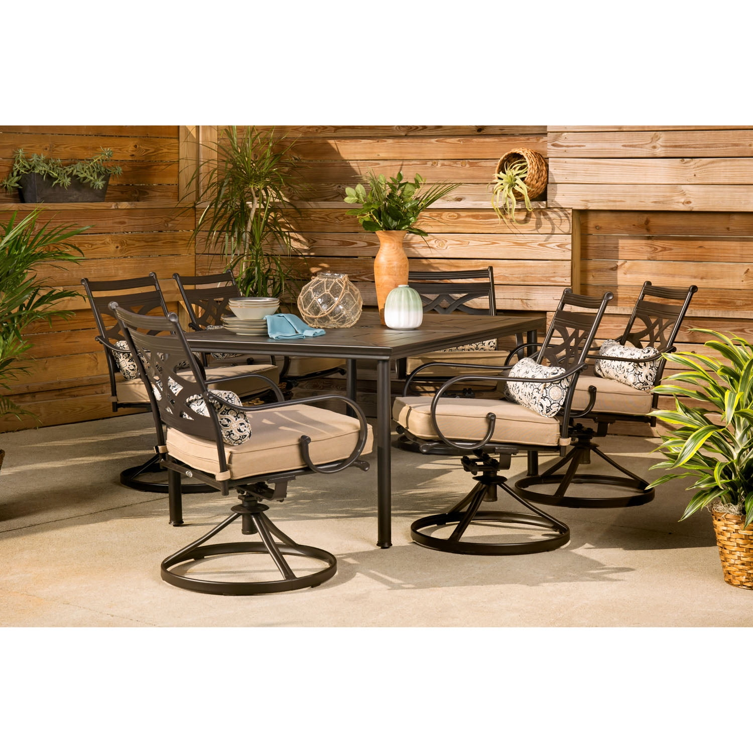 Hanover Montclair 7-Piece Steel Dining Set with 6 Swivel Rockers and Dining Table, Seats 6