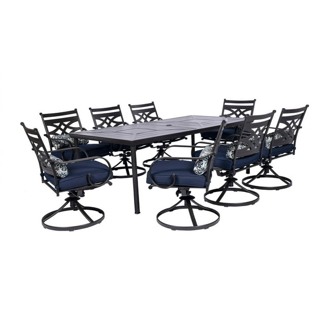 Hanover Montclair 9-Piece All-Weather Outdoor Patio Dining Set, 8 Swivel Rocker Chairs with Comfortable Seat and Lumbar Cushions, 84"x42" Stamped Rectangle Table, MCLRDN9PCSW8-NVY