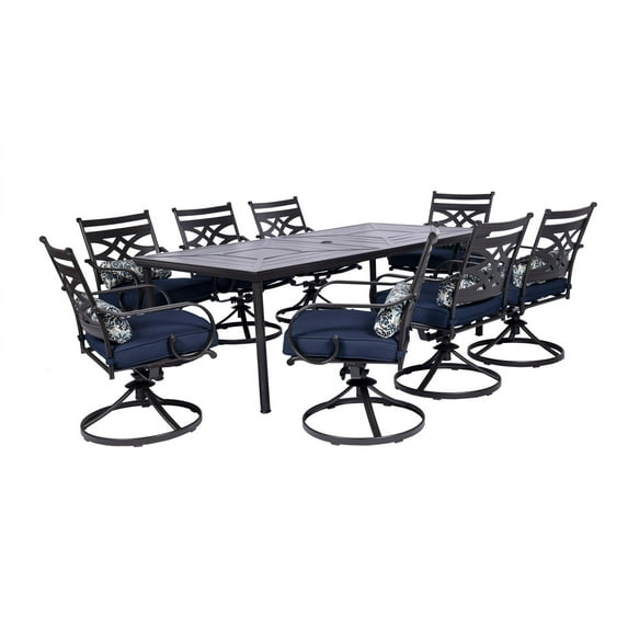Hanover Montclair 9-Piece All-Weather Outdoor Patio Dining Set, 8 Swivel Rocker Chairs with Comfortable Seat and Lumbar Cushions, 84"x42" Stamped Rectangle Table, MCLRDN9PCSW8-NVY