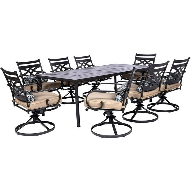 Hanover Montclair 9-Piece All-Weather Outdoor Patio Dining Set, 8 Swivel Rocker Chairs with Comfortable Seat and Lumbar Cushions, 84"x42" Stamped Rectangle Table, MCLRDN9PCSW8-TAN