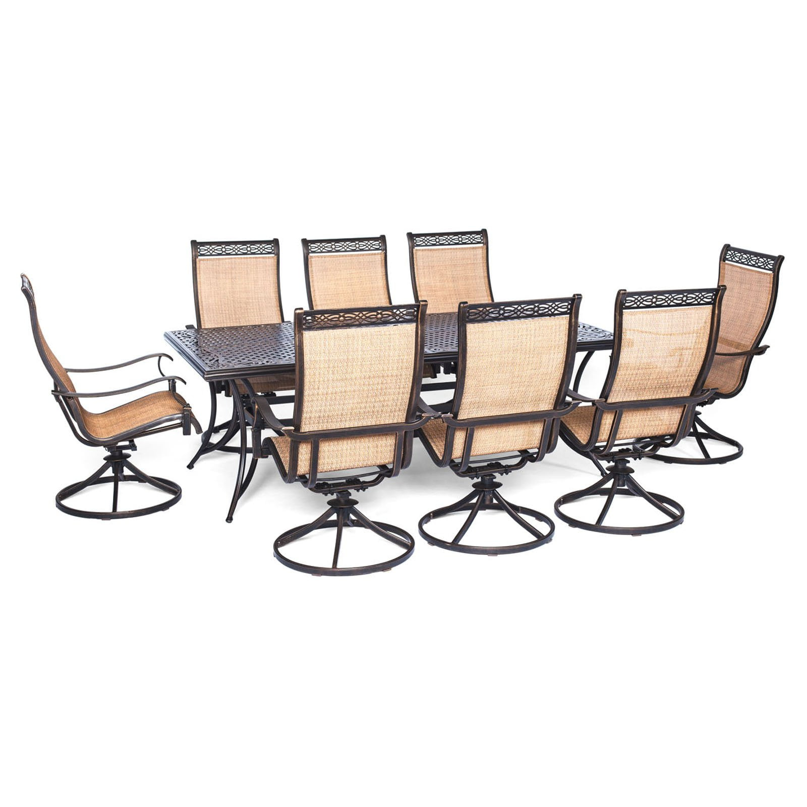 Hanover Outdoor Manor 9-Piece Outdoor Dining Set with 8 Swivel Rockers, Cedar/Bronze