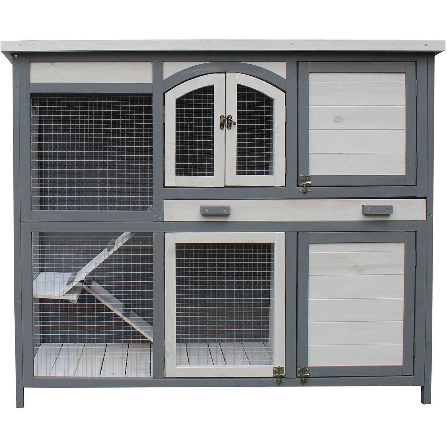 Hanover Outdoor Wooden 2-Story Rabbit Hutch with 2 Ramps, Wire Mesh Run and Removable Tray 4 Ft. W x 1.6 Ft. D x 3.4 Ft. H