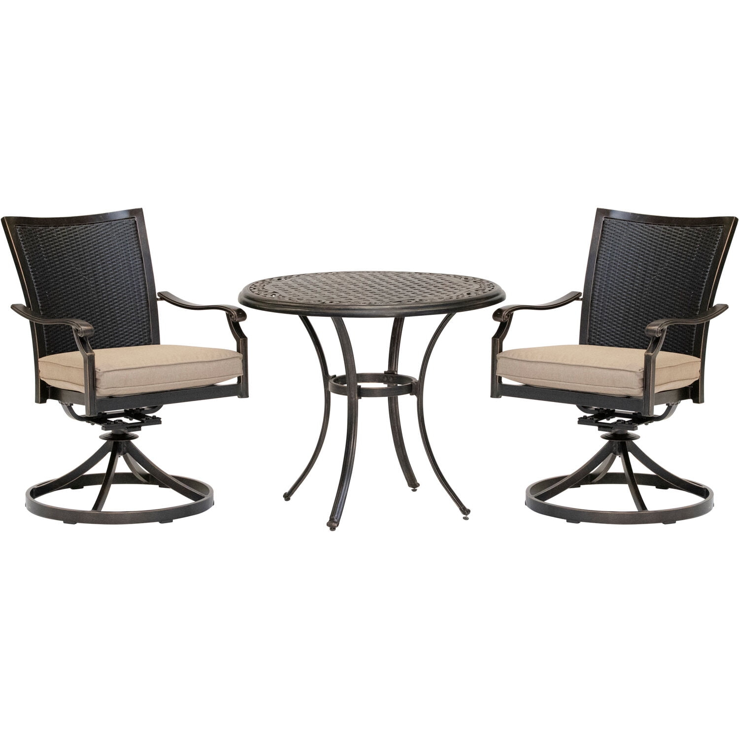 Hanover Traditions 3-Piece Outdoor Furniture Patio Bistro Set, 2 Cushioned Wicker Aluminum Swivel Rocker Chairs and 32" Round Cast Table, Natural Oat