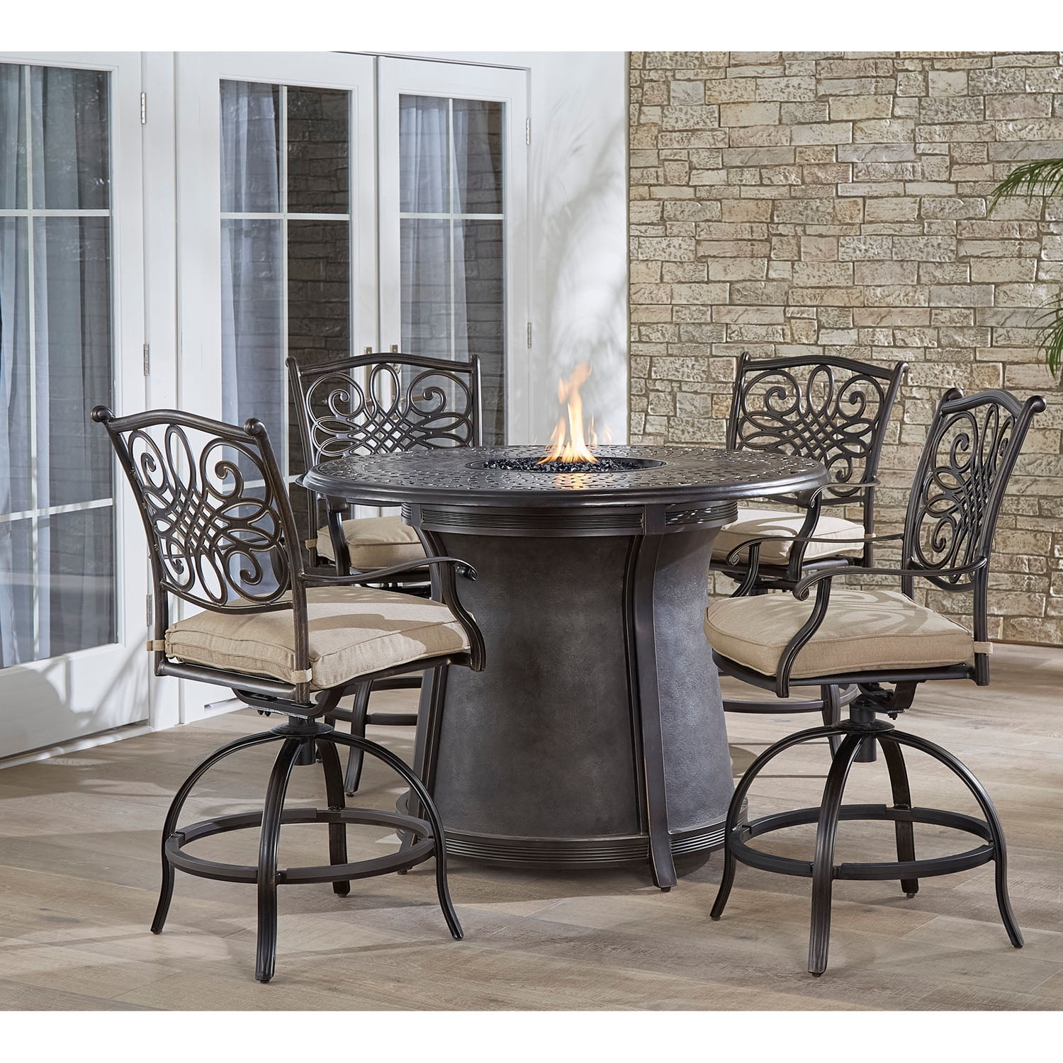 Hanover Traditions 5-Piece High-Dining Set in Tan with 4 Swivel Chairs and a 40,000 BTU Cast-top Fire Pit Table
