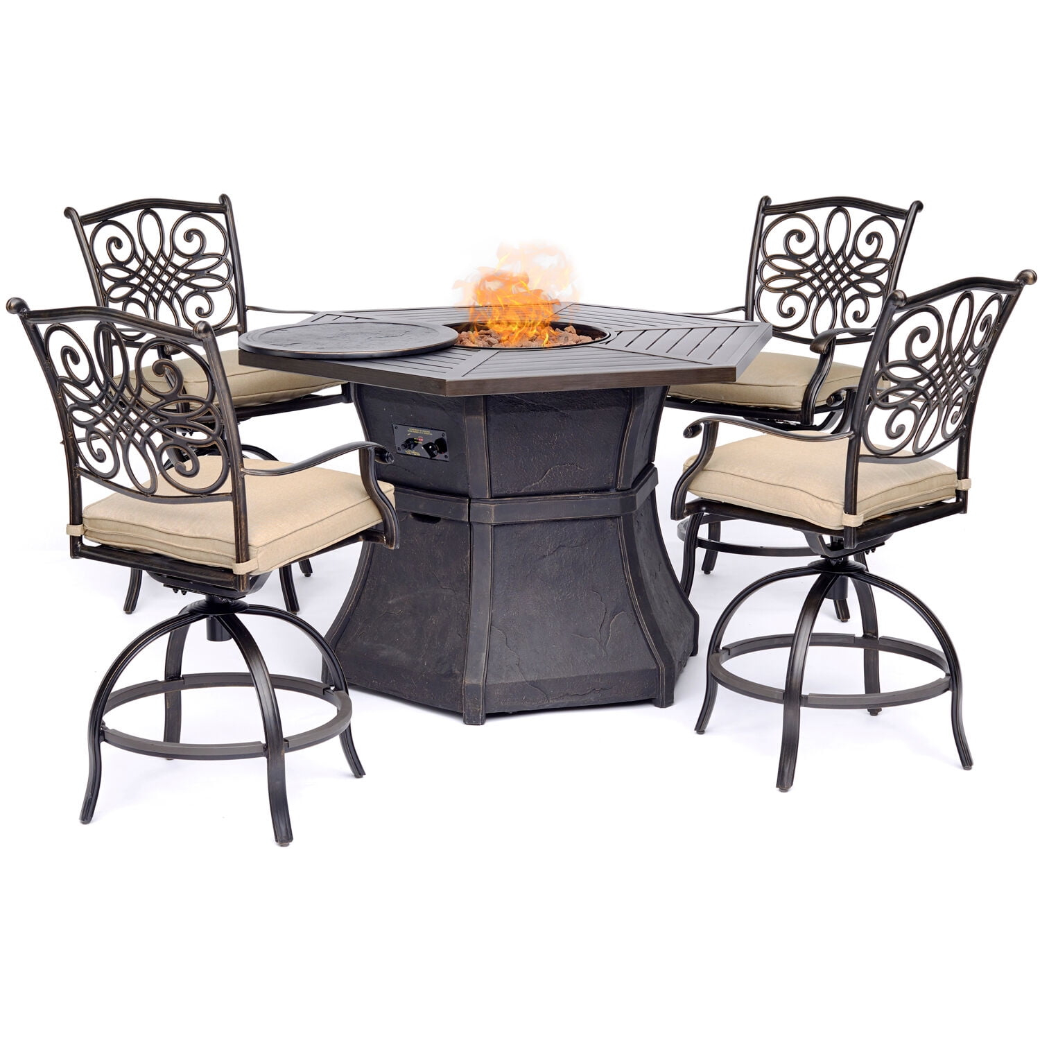 Hanover Traditions 5-Piece High-Dining Set in Tan with 4 Swivel Chairs and a 40,000 BTU Cast-top Fire Pit Table