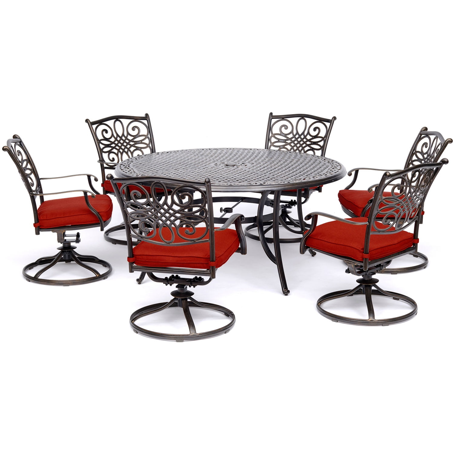 Hanover Traditions 7 Pcs Aluminum Outdoor Dining Set with Cast-top Table, Red