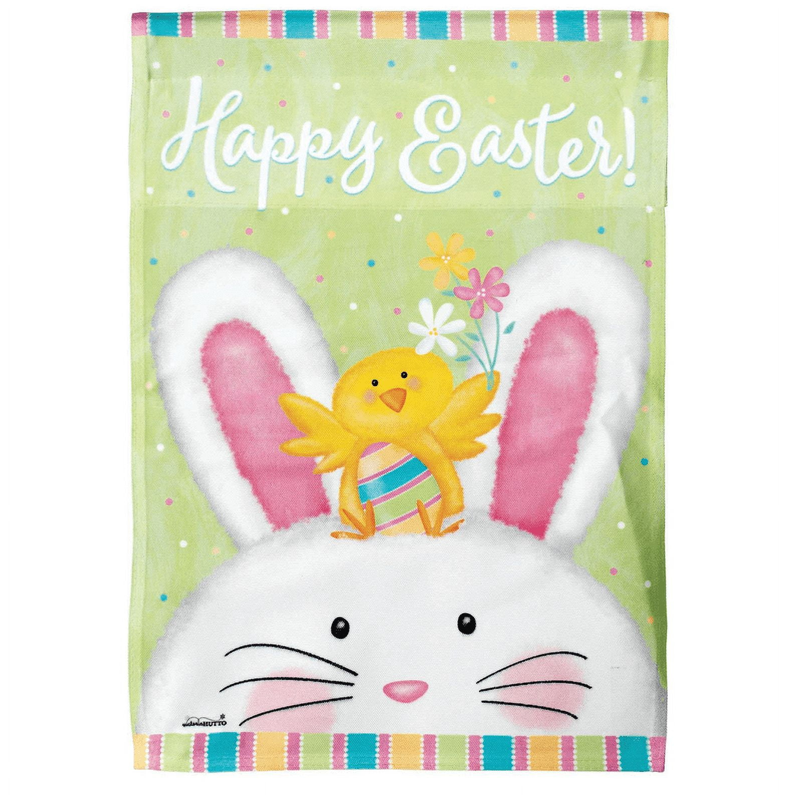 Happy Easter White Bunny Chick 8 x 18.3 Large Polyester Outdoor Hanging Garden Flag