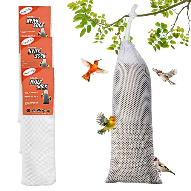 Happy Wings 3 Pack Refillable Instant Mesh Sock Feeder for Wild Bird Seed (for Nyjer & Finch Blend) - Dry