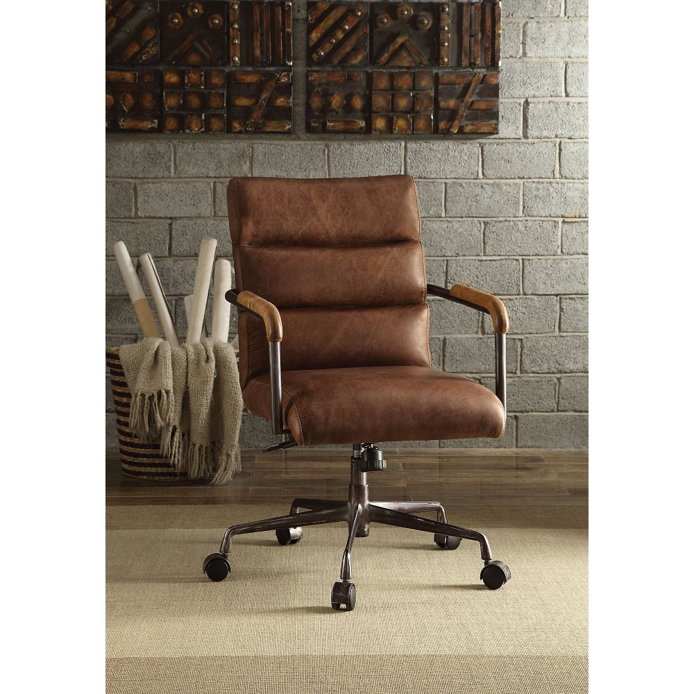 Leather Executive Swivel Office Chair with Lumbar and Back Support and Wheels, Industrial Modern Upholstered Home Desk Chair in Retro Brown Top Grain Leather for Living Room Office
