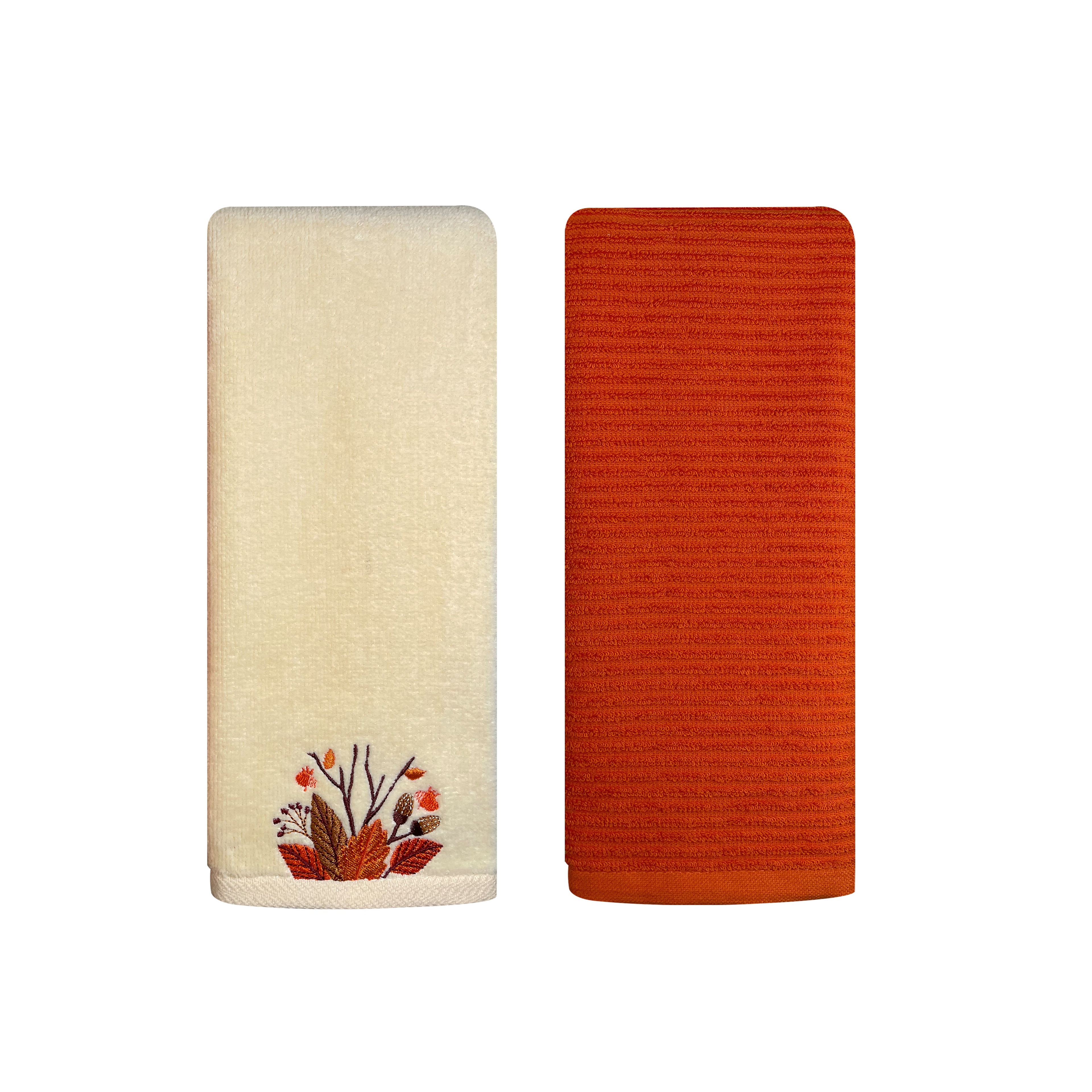 Harper Lane Harvest Embroidered Cotton Hand Towel 2-Piece Set Leaves Beige