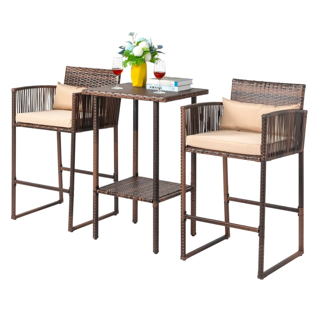 Tcbosik Outdoor 3 Piece Patio Bar Set, Rattan High Bar Stools for 2 with Cushions, Armrest and Backrest, Wicker Bar Table with Storage Shelf, Brown