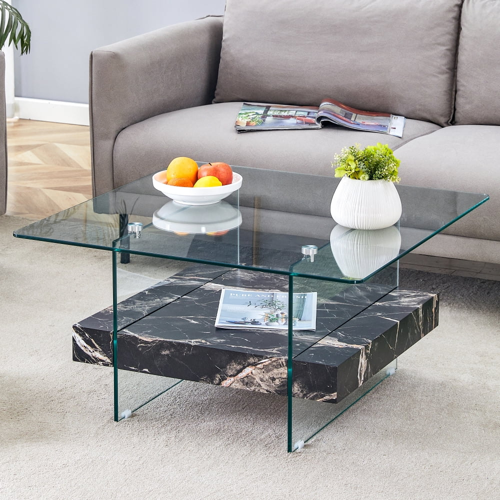 Ivy Bronx 31.4 Inch Modern Two-Tier Square Coffee Table - An Elegant Combination Of Clear Glass And Black Marble Pattern Sticker.It Can Be Used As A Coffee Table,A Side Table Or A Display Stand.
