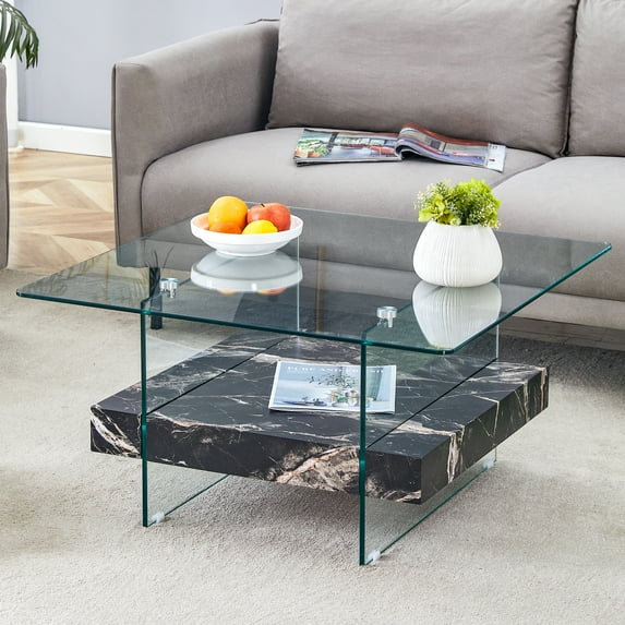 Ivy Bronx 31.4 Inch Modern Two-Tier Square Coffee Table - An Elegant Combination Of Clear Glass And Black Marble Pattern Sticker.It Can Be Used As A Coffee Table,A Side Table Or A Display Stand.