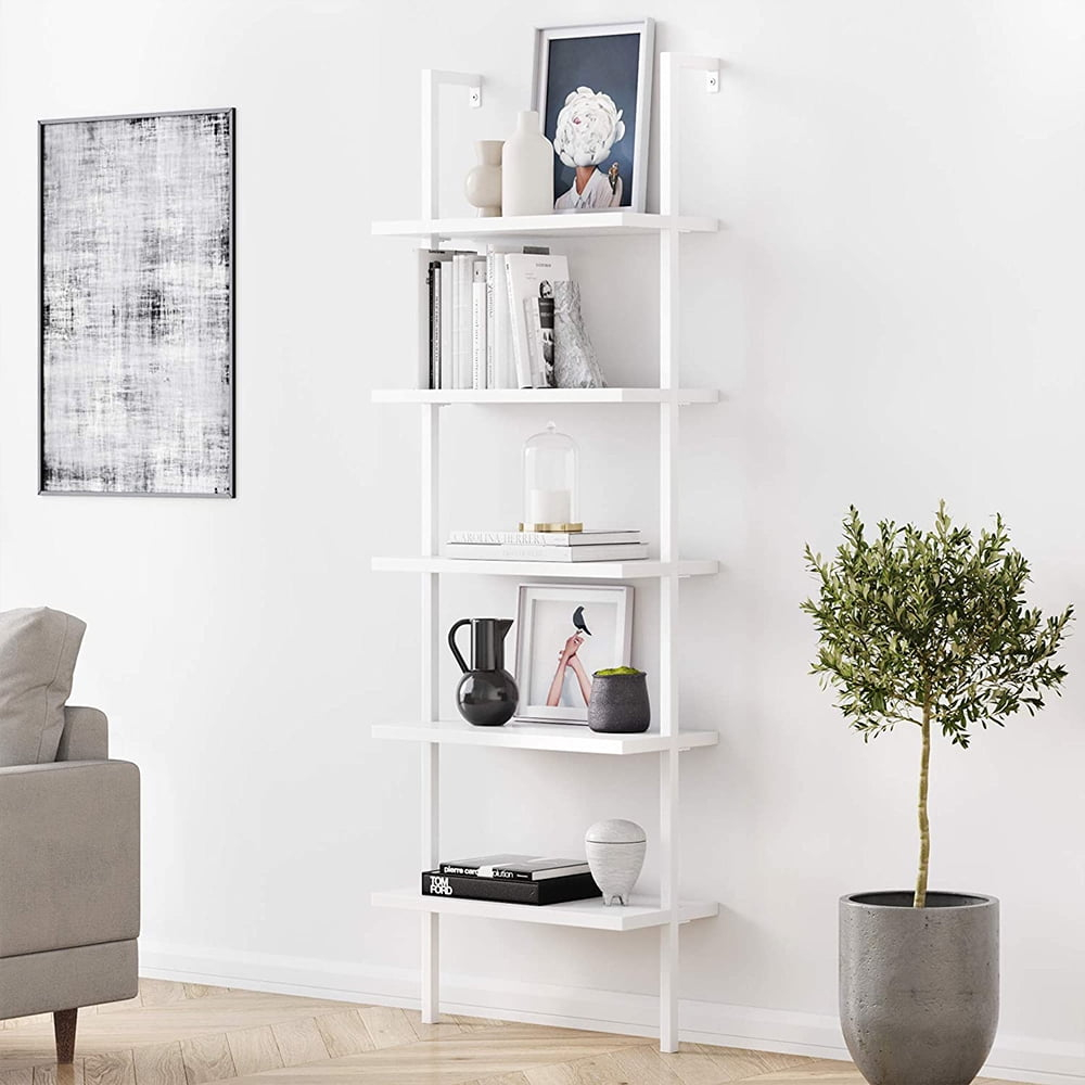 Hassch 5 Tiers Ladder Bookshelf Industrial Bookcase Storage Rack with Metal Frame, White