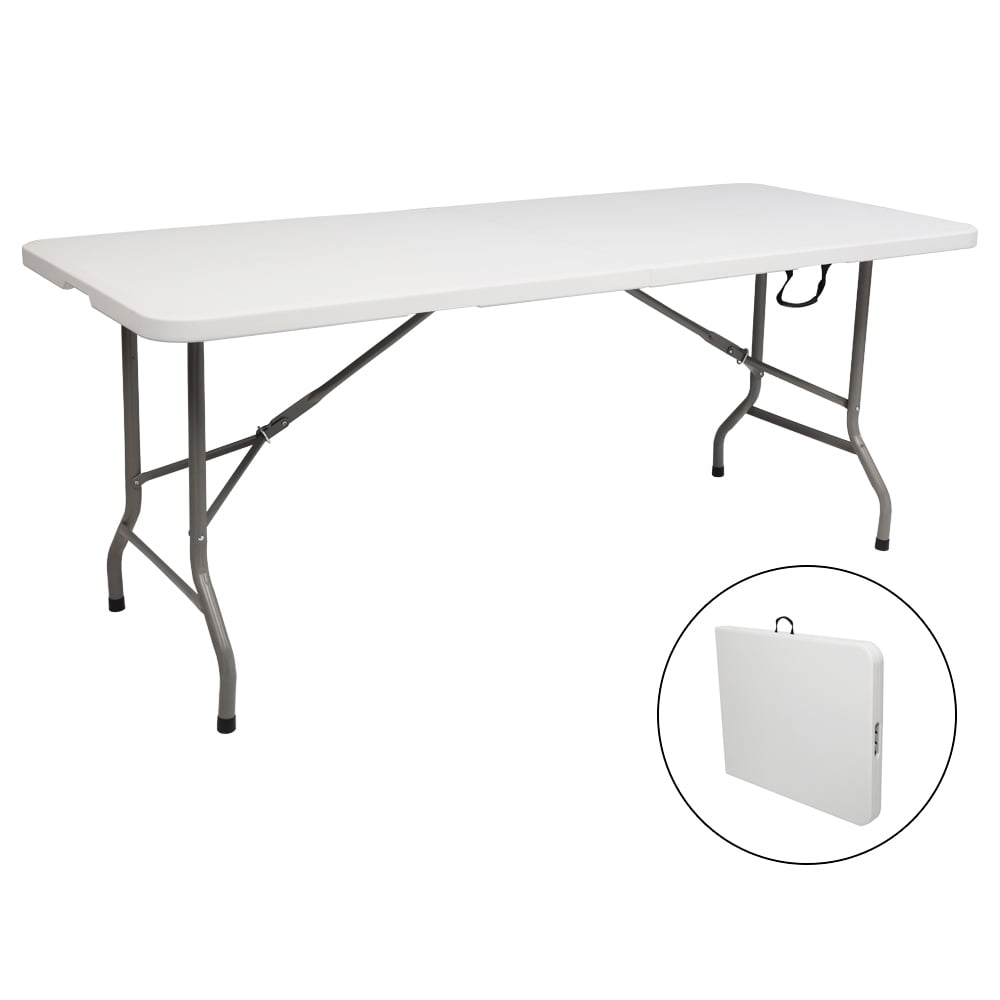 CL.HPAHKL Folding Table with Carrying Handle, Portable Plastic 6 Ft Camping Table, Sturdy Steel Frame for Indoor Outdoor, White