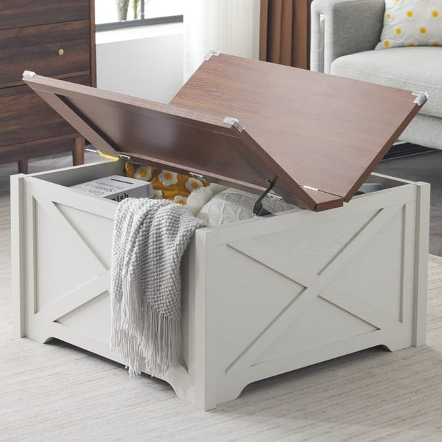 Hassch Farmhouse Coffee Table with Hidden Storage Space, 31.5" Square Cocktail Table with Flip-Top Lid, Rustic Center Table for Living Room, Brown & White