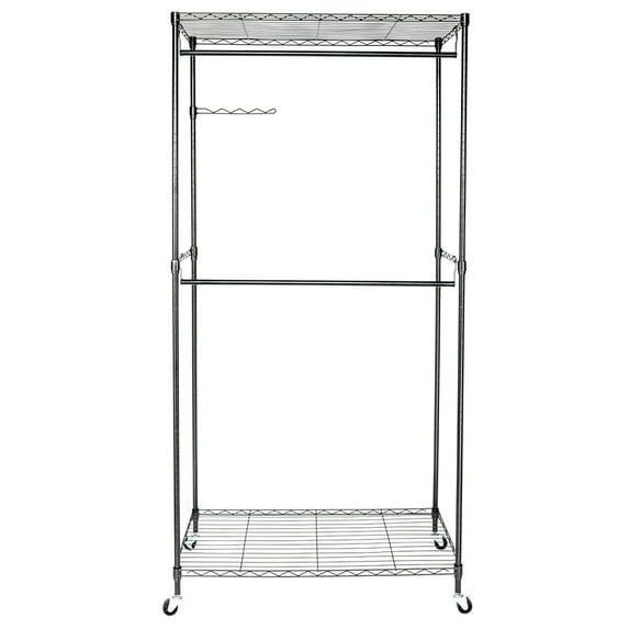 Hassch Garment Rack with Storage Shelves, Heavy Duty Rolling Free-Standing Clothing Rack Closet Organizer with Double Rods/Lockable Wheels, Black