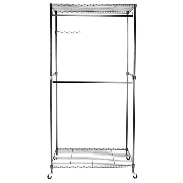 Hassch Garment Rack with Storage Shelves, Heavy Duty Rolling Free-Standing Clothing Rack Closet Organizer with Double Rods/Lockable Wheels, Black