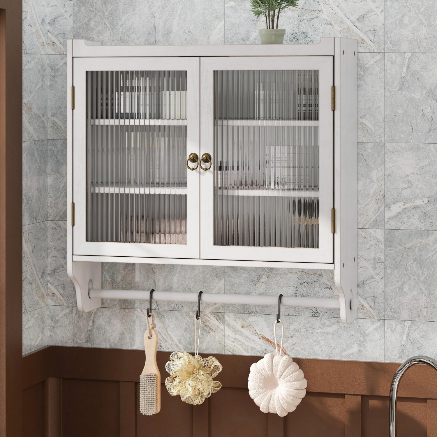 Tcbosik Wall Mounted Storage Cabinet with 2 Glass Doors, 3-Tier Modern Medicine Cabinet with Adjustable Shelves and Towel Bar for Living Room Bathroom Kitchen, Easy to Assemble, White