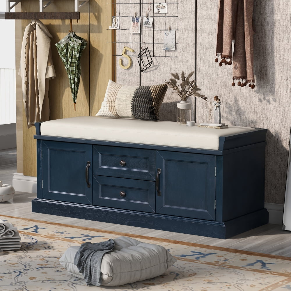 Hassch Shoe Bench Modern Footstool Entryway Storage Seat with 2 Drawers, 2 Cabinets, Removable Cushion, Antique Navy