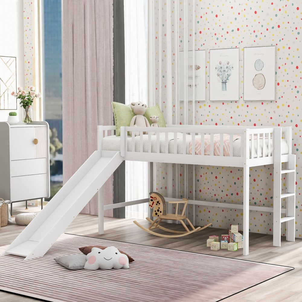 Twin Loft Bed with Slide,Wood Loft Bed Low Profile for Boys Girls, Built-in Ladder and Guard Rail,No Box Spring Needed