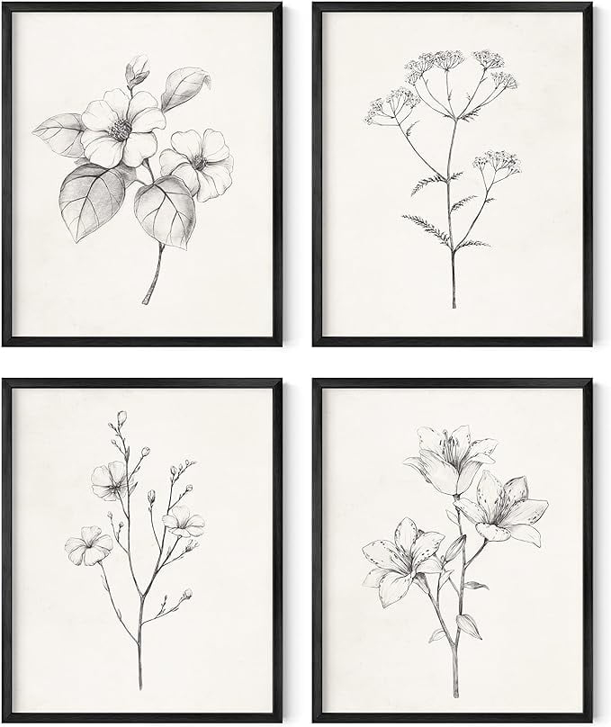 HAUS AND HUES Grey Floral Wall Art - Set of 4 Plant Posters for Wall Vintage, Botanical Prints, Black and White Wall Art Flower Pictures for Room Aesthetic, Farmhouse Bathroom Art (8x10, Unframed)