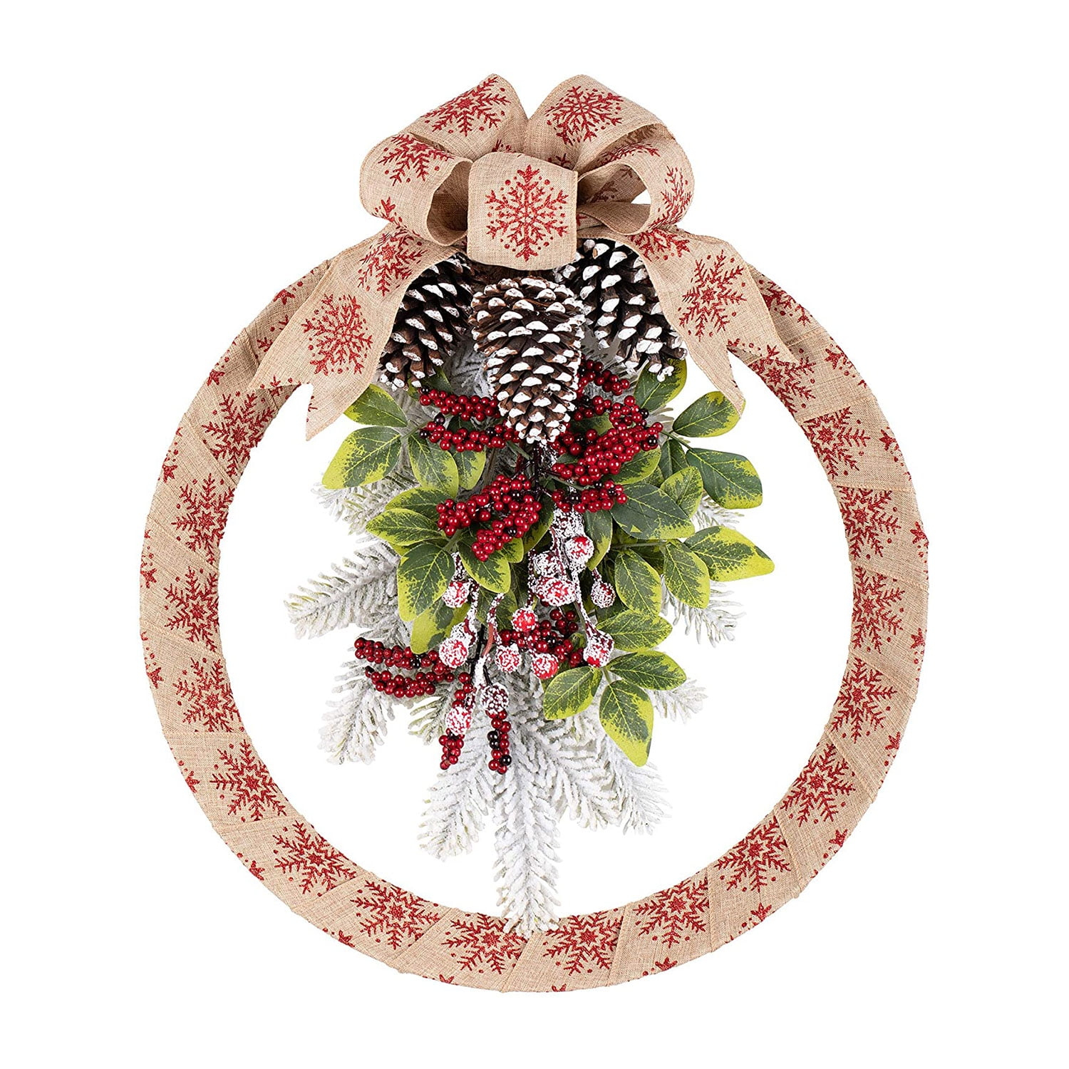 Haute Décor 18in Snowflake Homespun Wreath: Winter Door Bow, Pinecones, Faux Foliage, Indoor/Outdoor Use
