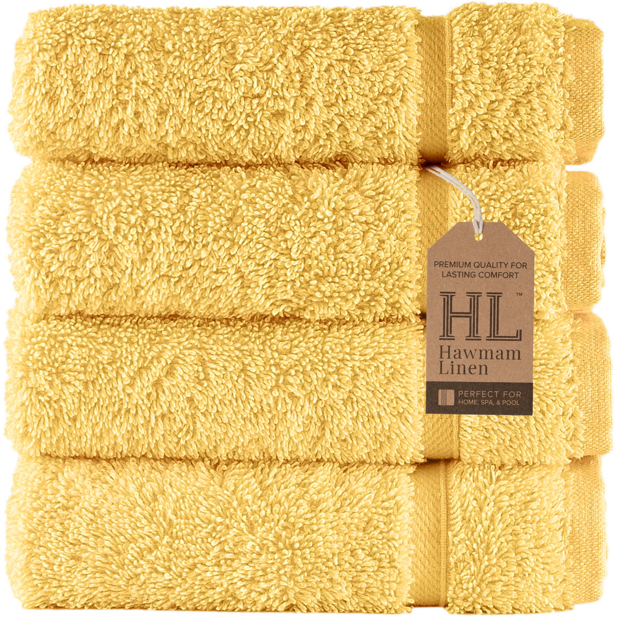 Hawmam Linen Yellow Face Washcloths, Set of 4, 13' x 13', Premium Luxury 100% Turkish Cotton, 600 GSM, Soft Hotel Quality Yellow Towels Bathroom Sets, Versatile For Kitchen, Hand, Cleaning