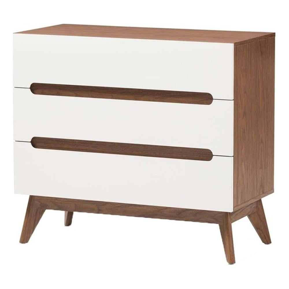 Hawthorne Collection Mid Century 3 Drawer Bedroom Chest with Cut-out Handles in White and Walnut