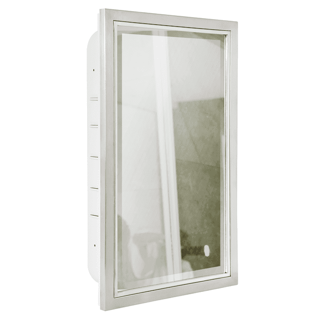 Head West Recessed Medicine Cabinet with Mirror - Brushed Nickel & Chrome Framed Beveled Edge Stainless Steel Bathroom Mirror with Storage - 16" x 26"