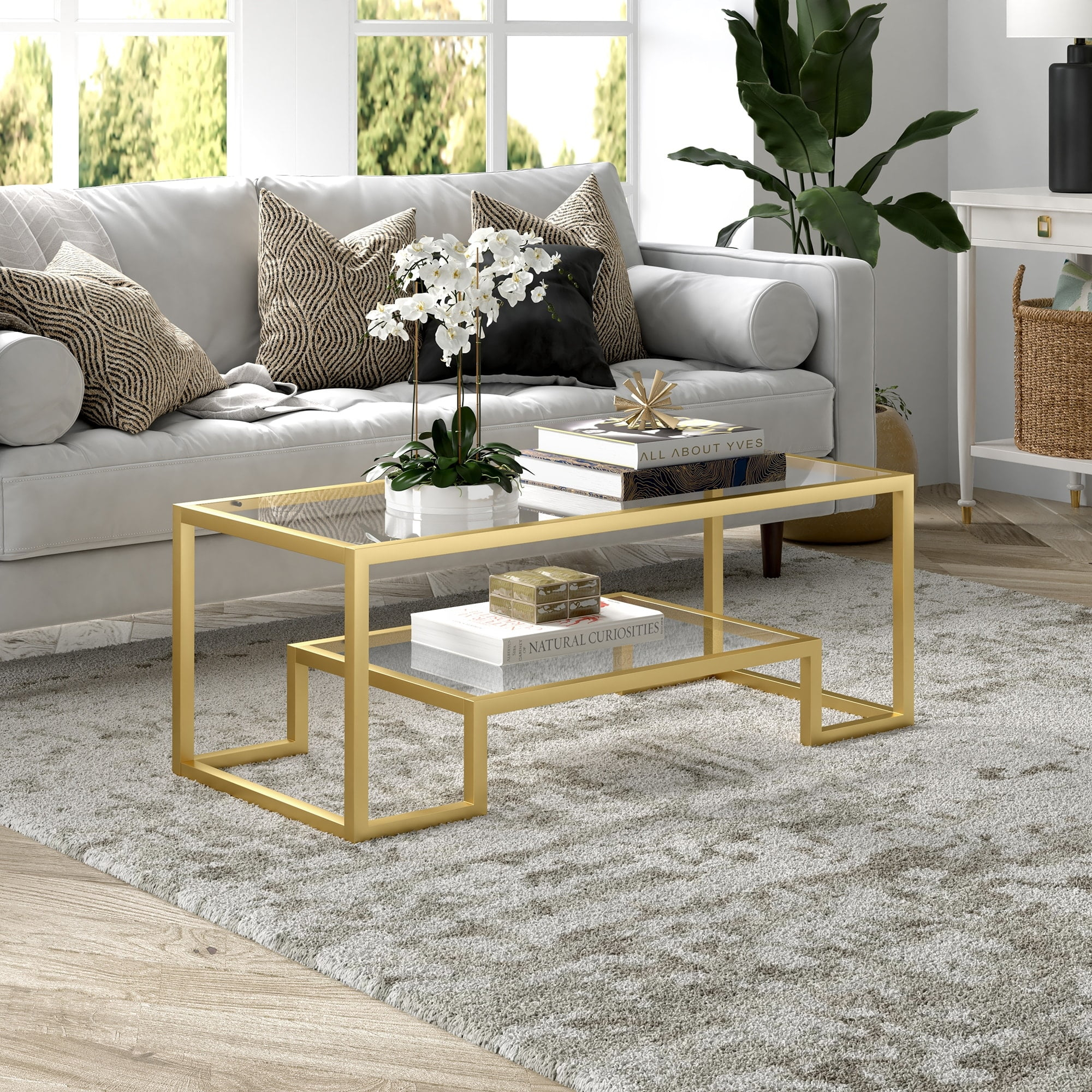 Heath & Cliff Artemis Contemporary Metal and Glass Coffee Table 45" Brass