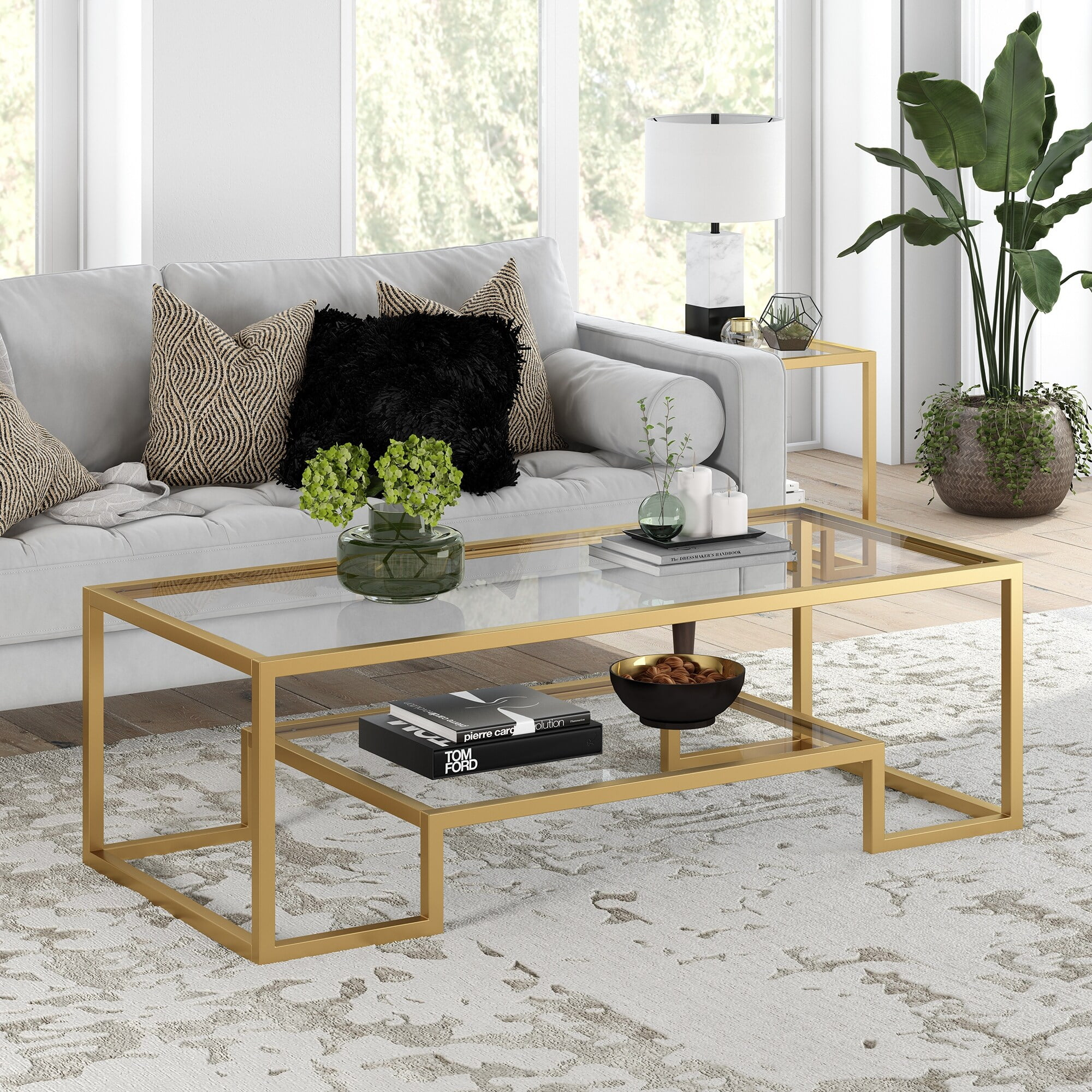 Heath & Cliff Artemis Contemporary Metal and Glass Coffee Table 54" Brass