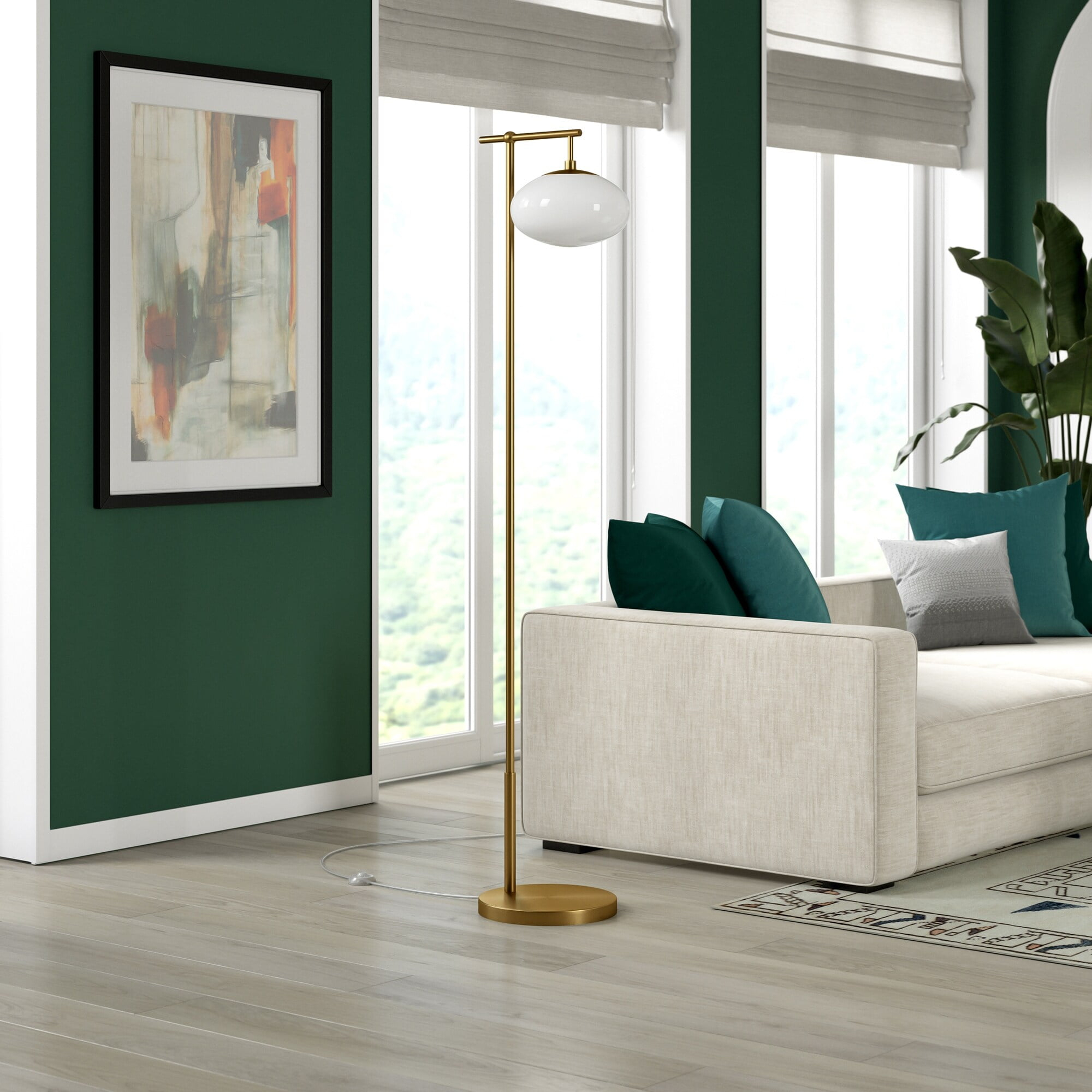 Evelyn&Zoe Blume 68" Tall Arc Floor Lamp with Glass Shade, Brushed Brass/Milk White