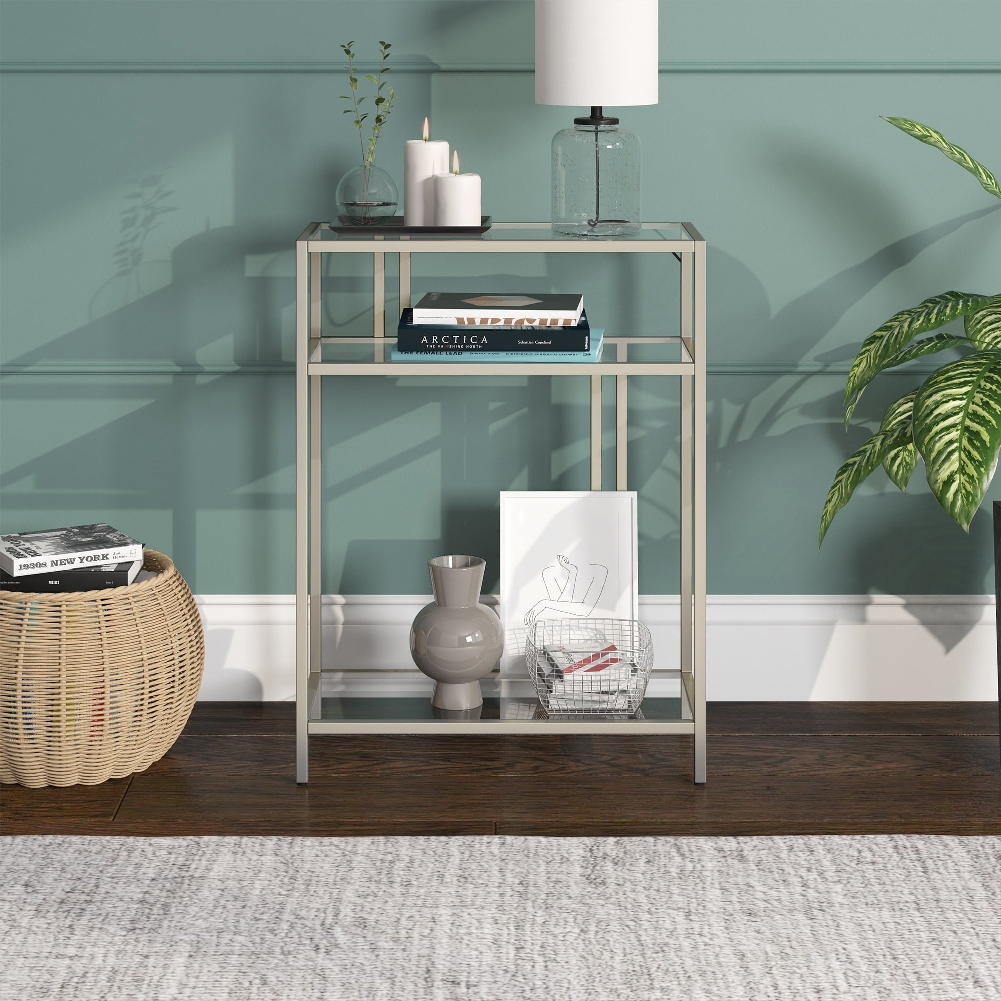 Henn&Hart 22" Satin Nickel Finish Metal/Glass Console Table