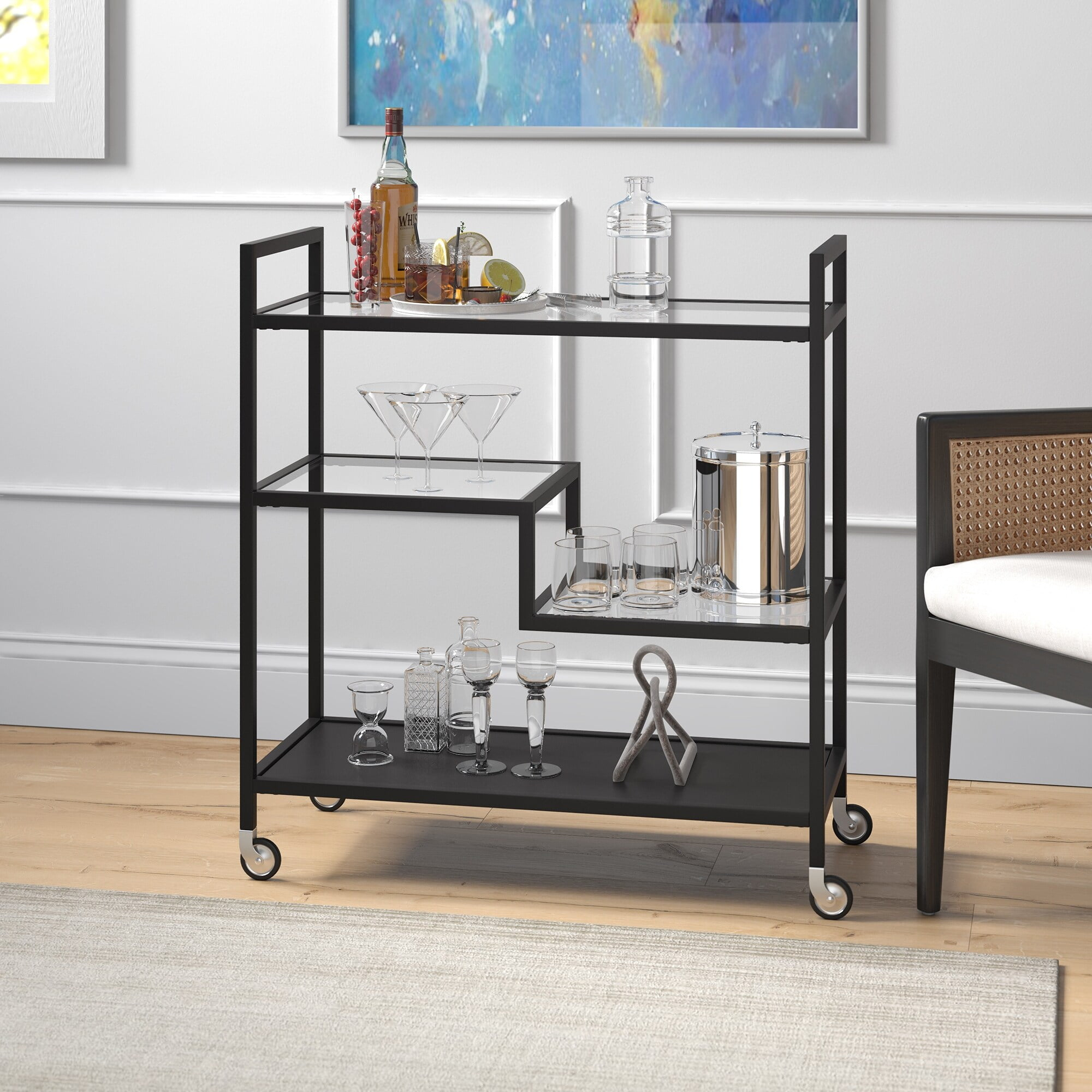Evelyn&Zoe Lovett 33" Wide Rectangular Bar Cart with Glass and Metal Shelves, Blackened Bronze