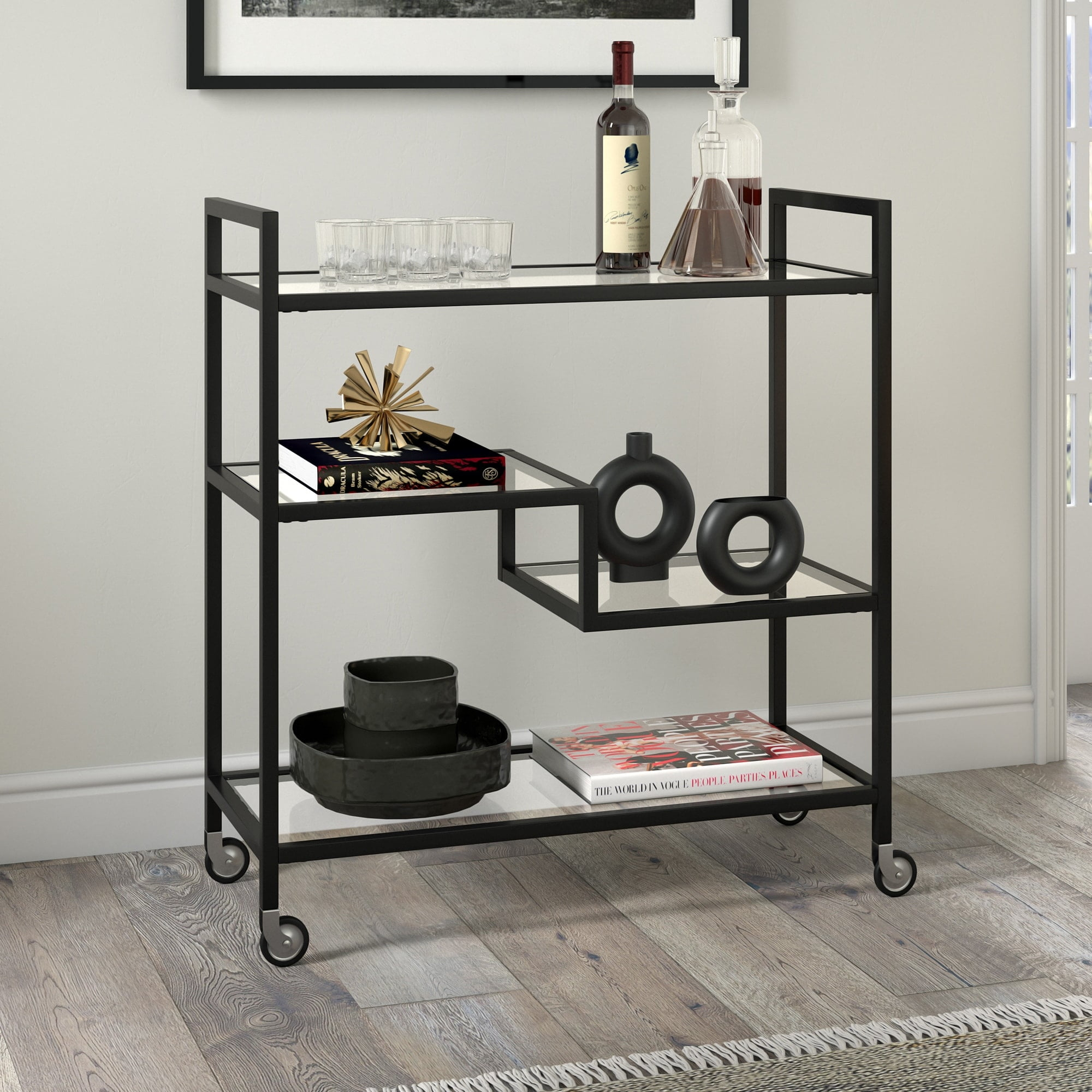 Evelyn&Zoe Lovett 33" Wide Rectangular Bar Cart with Glass Shelves, Blackened Bronze