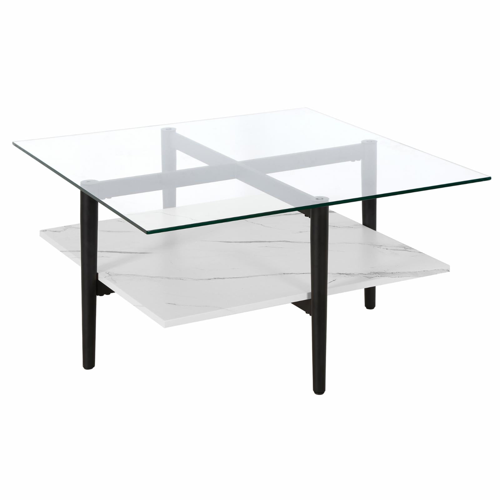 Evelyn&Zoe Otto 32" Wide Square Coffee Table with Faux Marble Shelf, Blackened Bronze